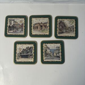Pimpernel Set of 5 Cork Corked Back Coasters 4x4" English Towns
